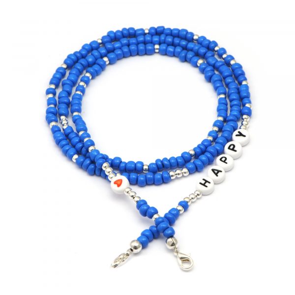 Masken- / Brillenband "HAPPY", Perlen blau